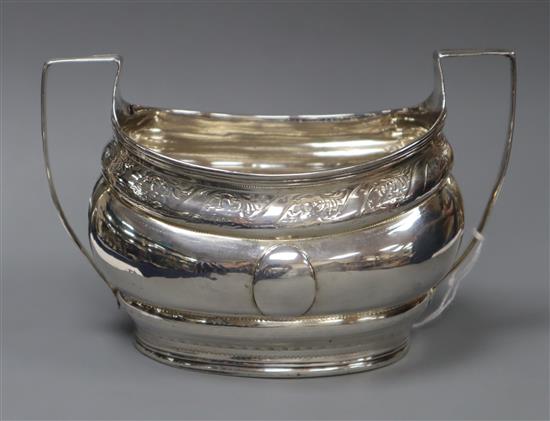 A George III silver two handled oval sugar bowl, by Robert & David Hennell, London, 1801 (a.f.), 7 oz.